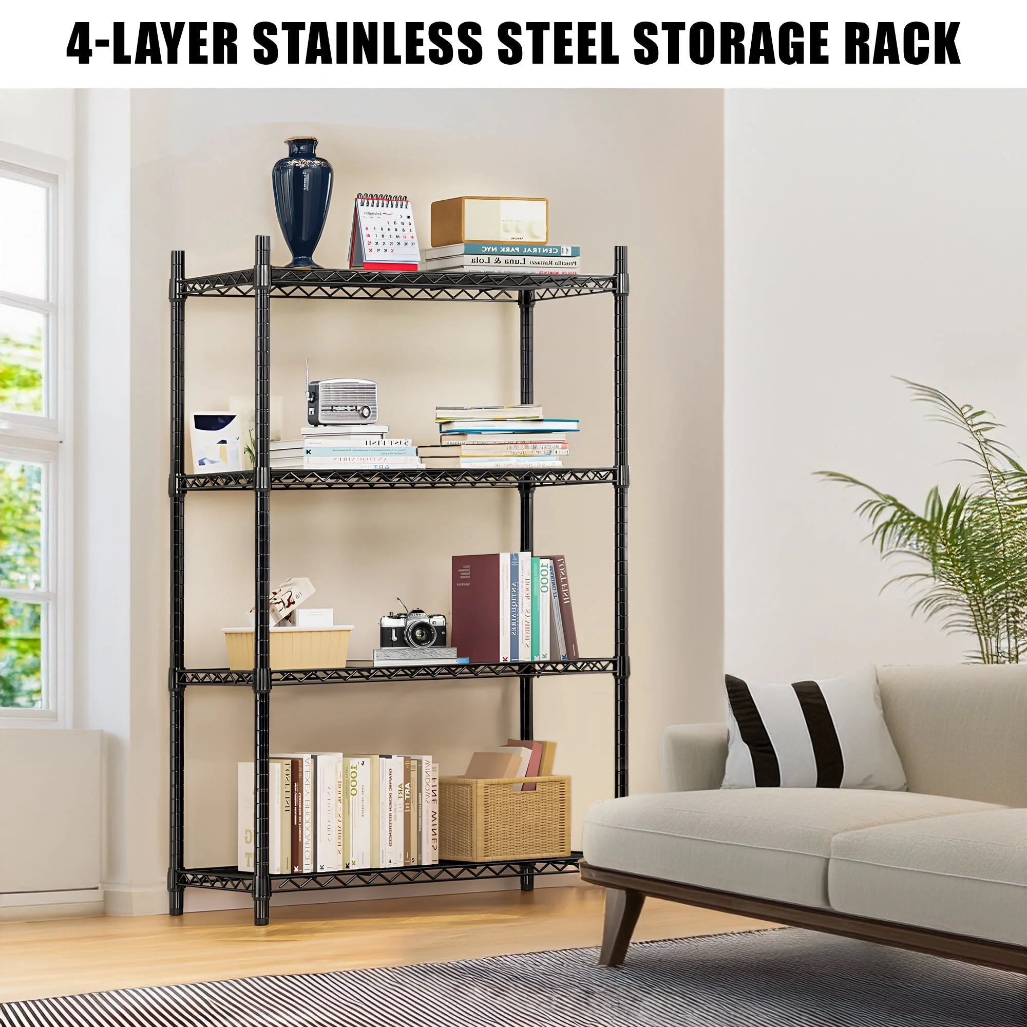 4-Layer Black Wire Storage Rack – Durable Steel Organizer for Home, Garage, or Office | SKU: AMHWS1393 - Image 6