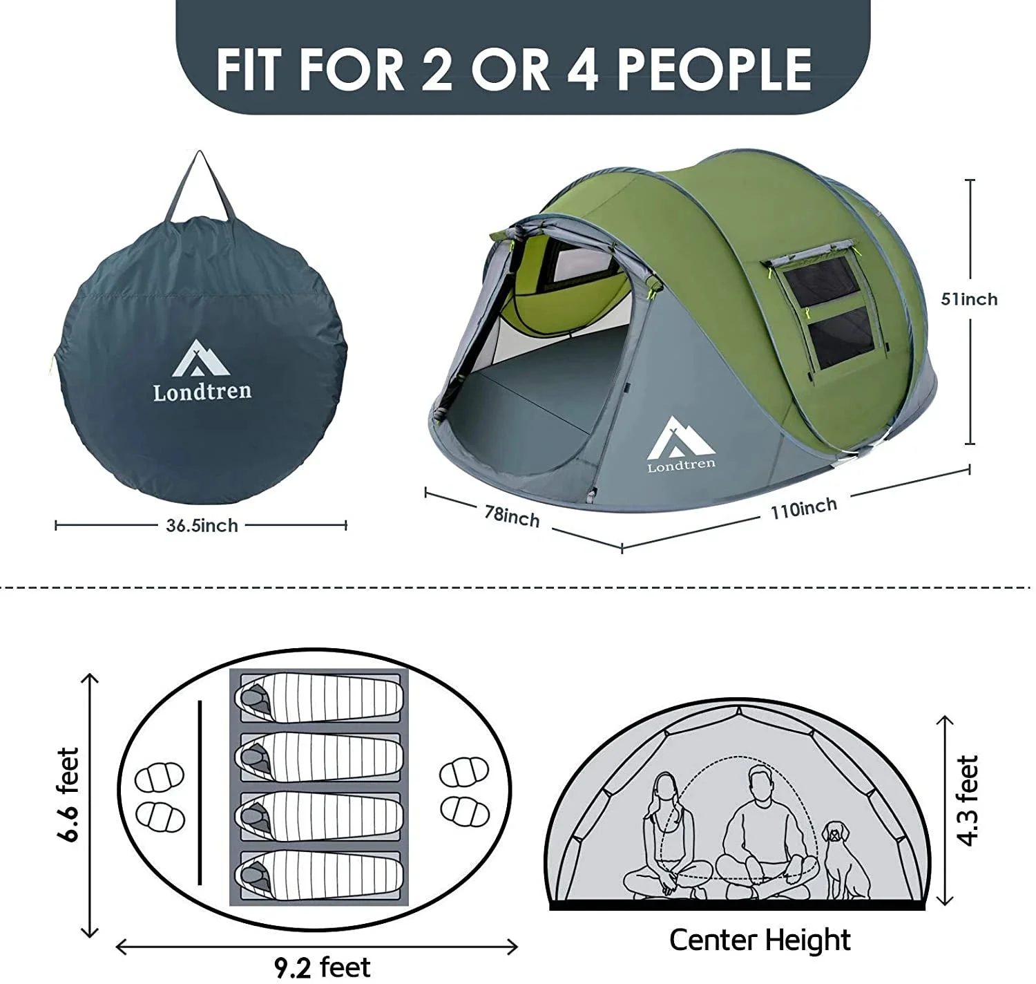 4-Person Instant Pop-Up Camping Tent, Waterproof Polyester Dome Tent with Mesh Windows – PT4280 - Image 4