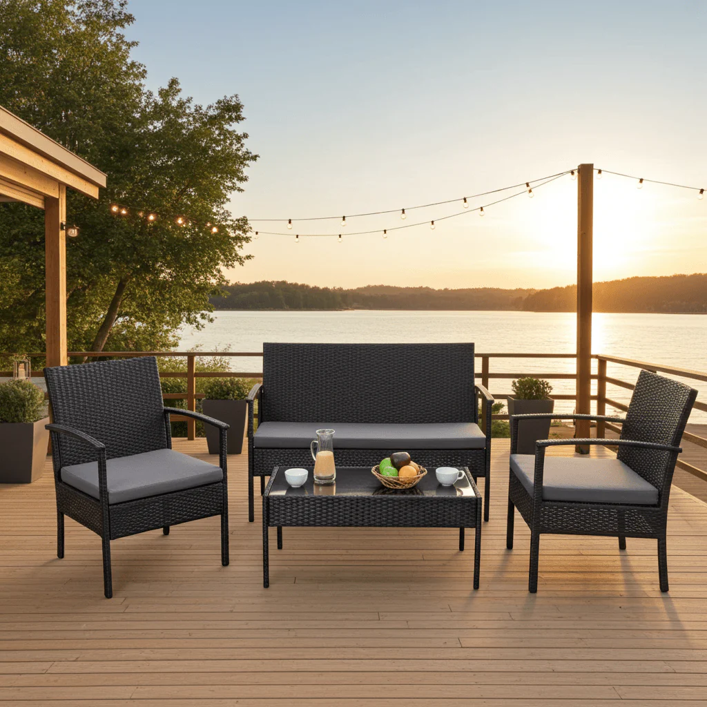 4-Piece Outdoor Rattan Patio Furniture Set with Cushions & Glass Coffee Table (726201)