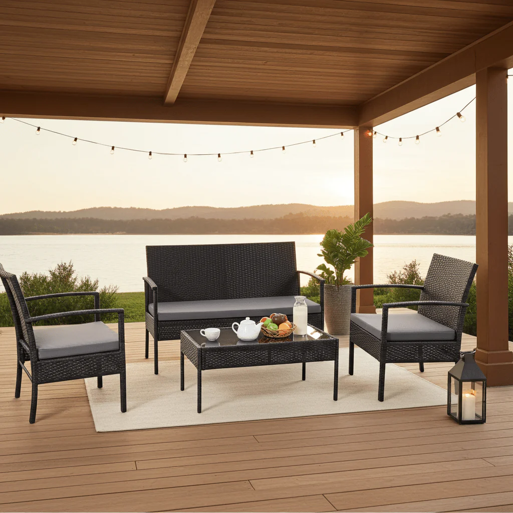 4-Piece Outdoor Rattan Patio Furniture Set with Cushions & Glass Coffee Table (726201) - Image 2
