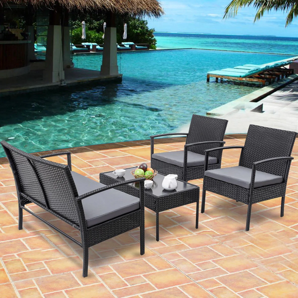 4-Piece Outdoor Rattan Patio Furniture Set with Cushions & Glass Coffee Table (726201) - Image 3