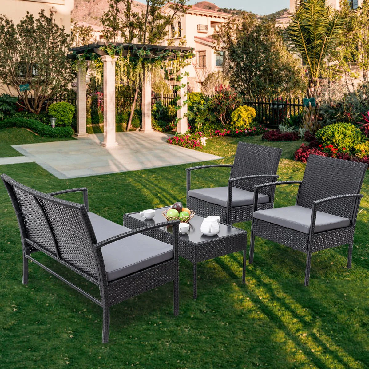 4-Piece Outdoor Rattan Patio Furniture Set with Cushions & Glass Coffee Table (726201) - Image 4