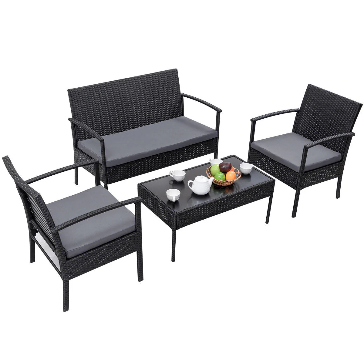 4-Piece Outdoor Rattan Patio Furniture Set with Cushions & Glass Coffee Table (726201) - Image 5