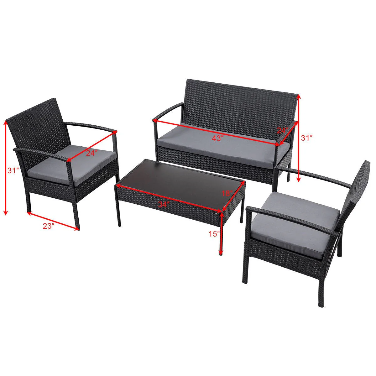 4-Piece Outdoor Rattan Patio Furniture Set with Cushions & Glass Coffee Table (726201) - Image 8