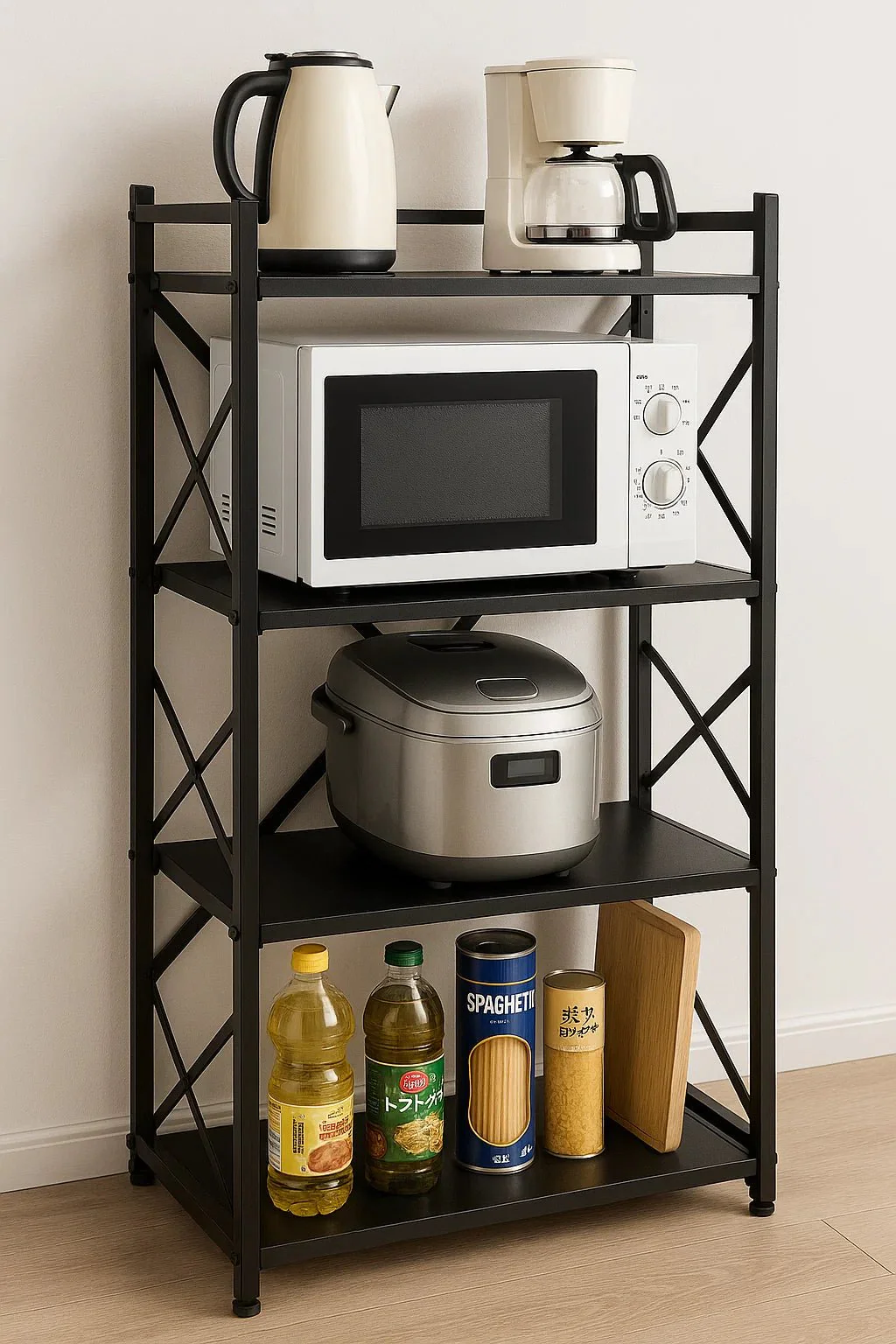 4-Layer Folding Microwave Kitchen Shelf Rack – Heavy-Duty Steel, Freestanding AMMTR4