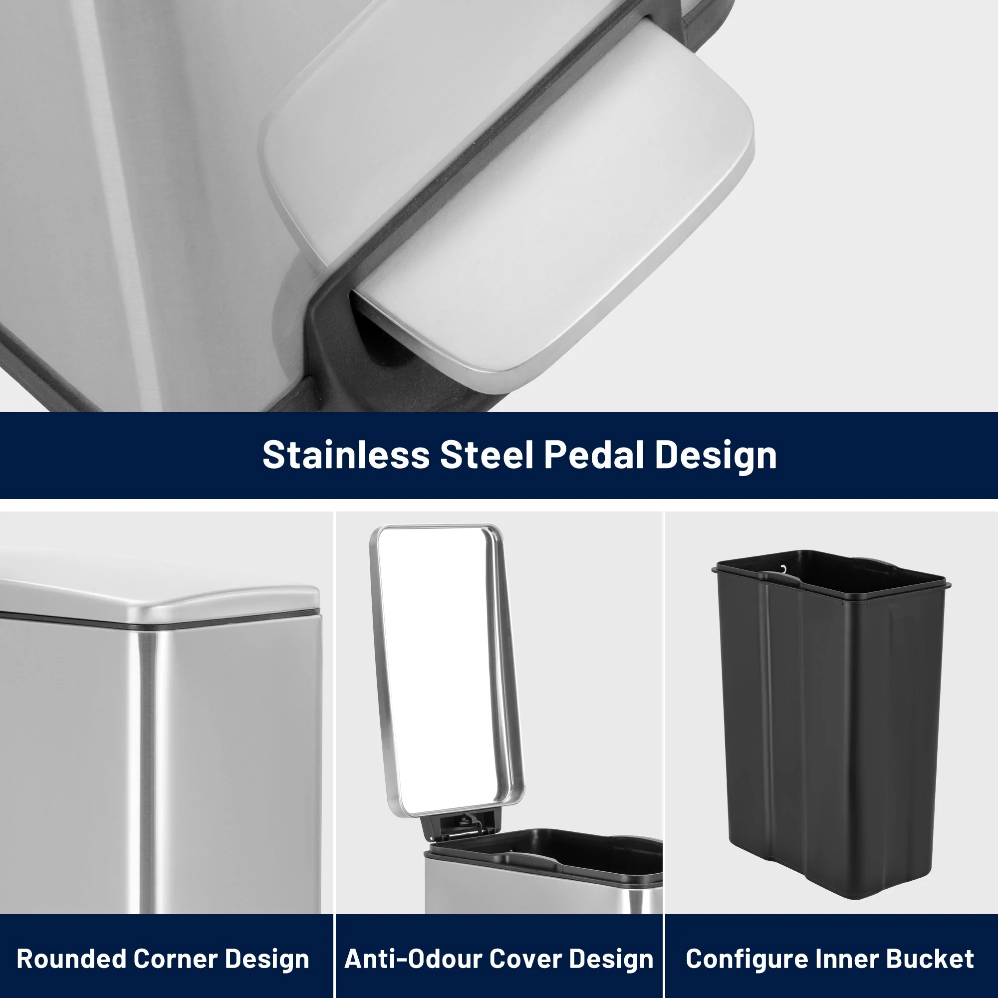 45L Slim Stainless Steel Pedal Trash Can with Inner Bucket Soft-Close AMTC45SB - Image 2