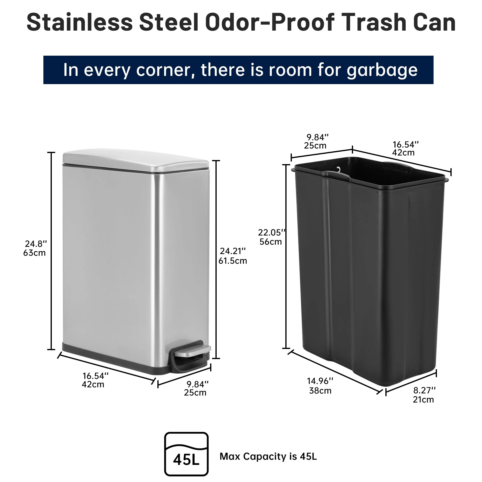 45L Slim Stainless Steel Pedal Trash Can with Inner Bucket Soft-Close AMTC45SB - Image 5