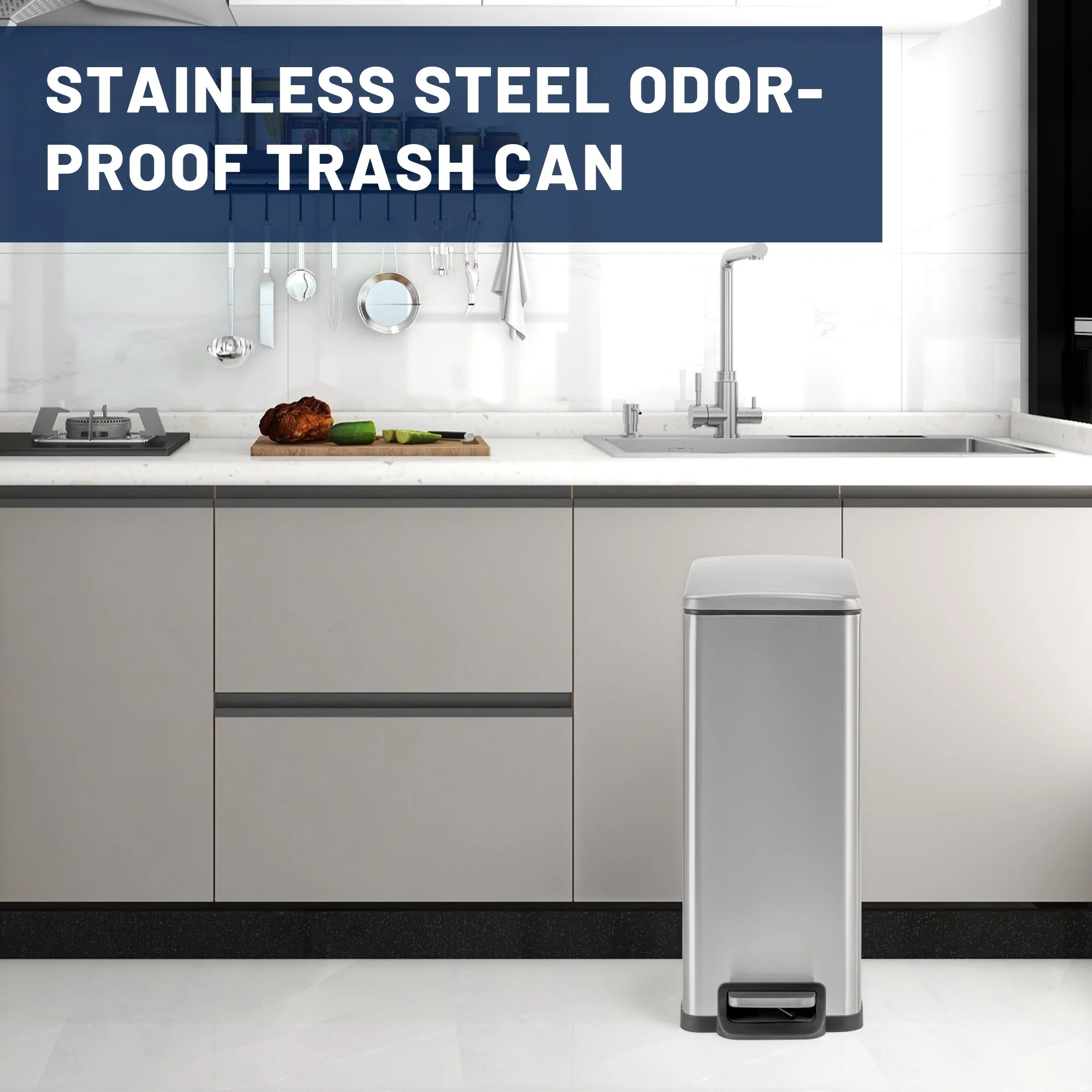 45L Slim Stainless Steel Pedal Trash Can with Inner Bucket Soft-Close AMTC45SB - Image 6