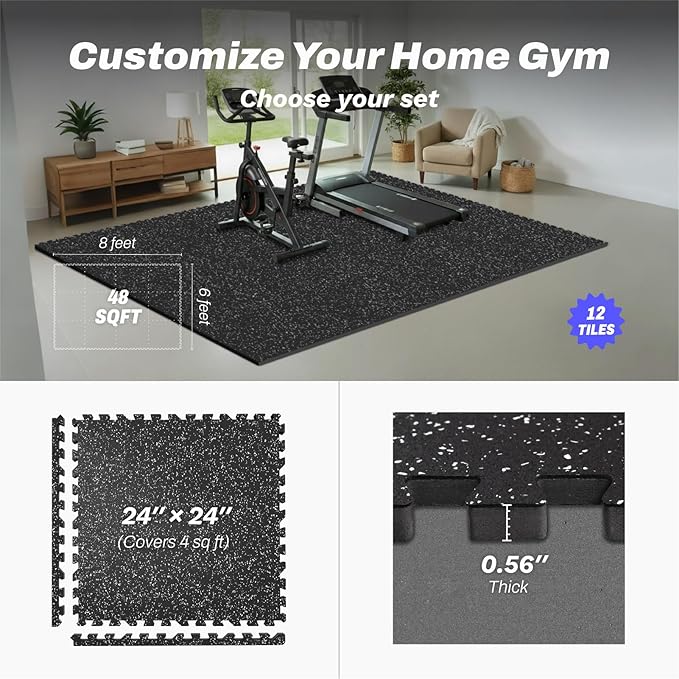 48 Sq Ft Interlocking Exercise Mats – 12 Tiles – EVA & Rubber Gym Flooring - Image 4