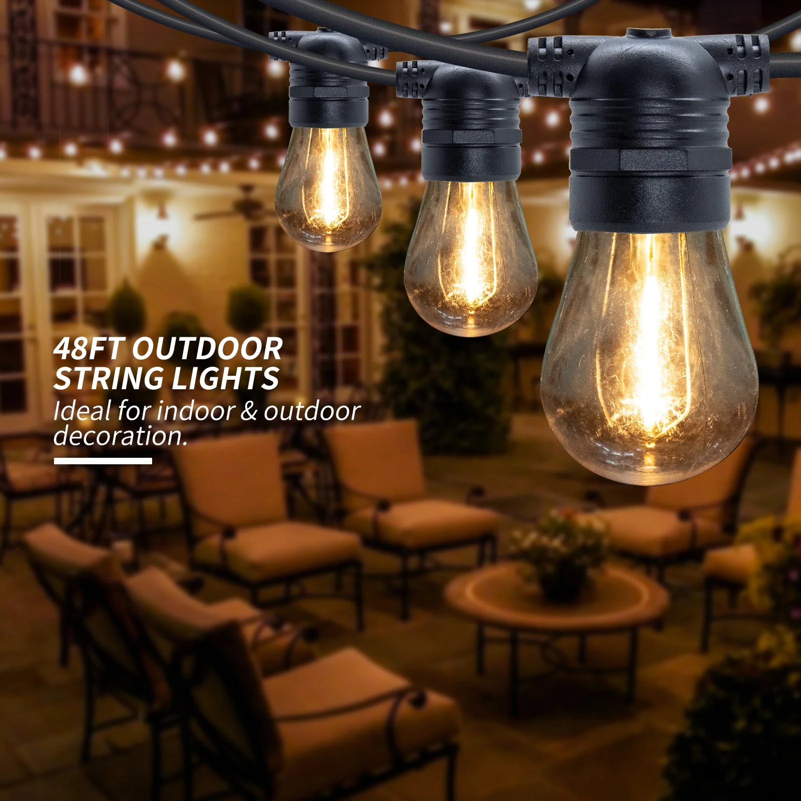 48ft + 6ft Solar LED String Lights Warm White Outdoor Patio Lights 16 or 24 Bulb Options HBSL54 - Image 7