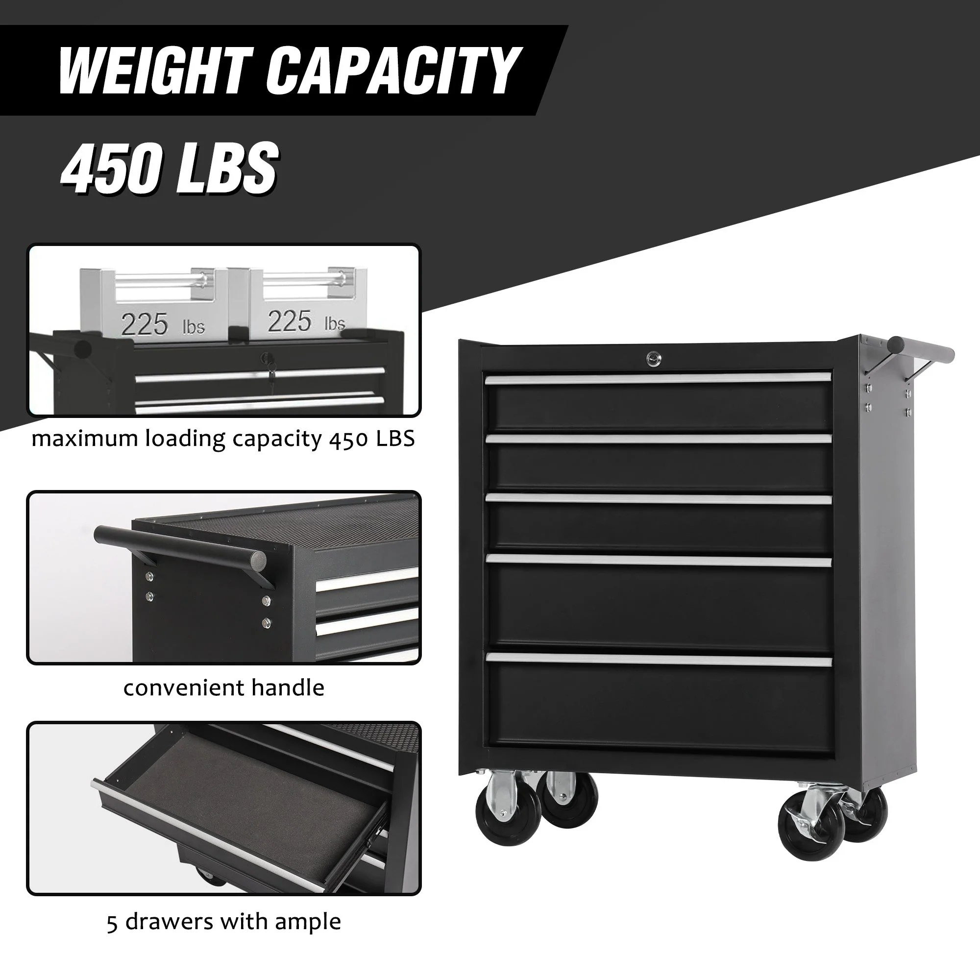 5 Drawer Garage Tool Cabinet Heavy Duty Steel Rolling Storage with Casters 31305 - Image 7