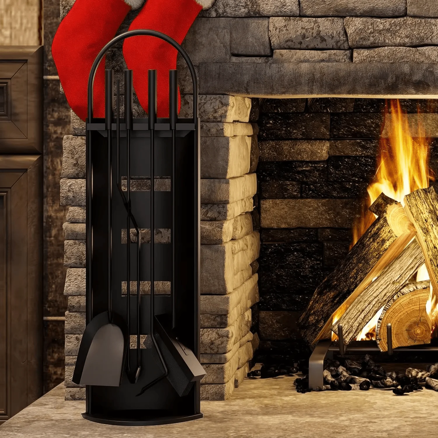 5-Piece Black Fireplace Tool Set with Stand – Heavy Duty Steel, Minimalist Design 0284812 - Image 7