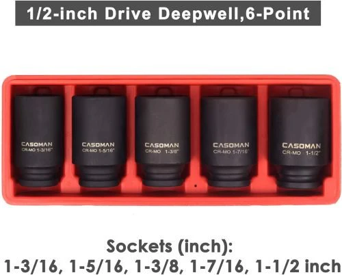 5-Piece 1/2" Deep Drive Spindle Axle Nut Impact Socket Set – Heavy-Duty Chrome | SKU: S1152 - Image 2