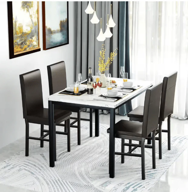 5-Piece Dining Table Set with Faux Marble Top and PU Leather Chairs – Space-Saving Kitchen Table for 4 – MH24619
