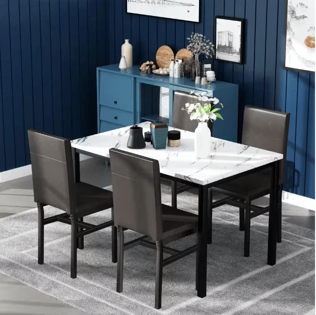 5-Piece Dining Table Set with Faux Marble Top and PU Leather Chairs – Space-Saving Kitchen Table for 4 – MH24619 - Image 4