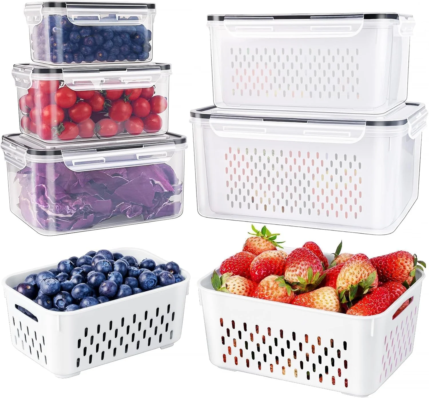 5-Piece Large Fruit Containers for Fridge with Removable Colander Leakproof Set FC0517
