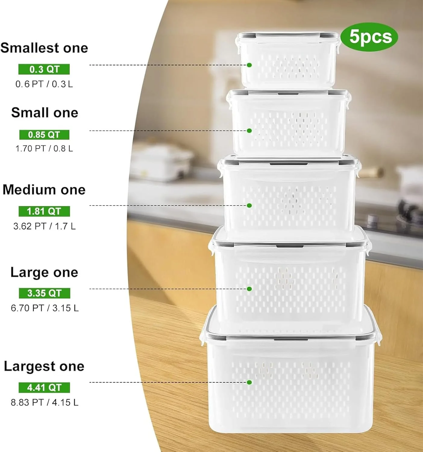 5-Piece Large Fruit Containers for Fridge with Removable Colander Leakproof Set FC0517 - Image 2
