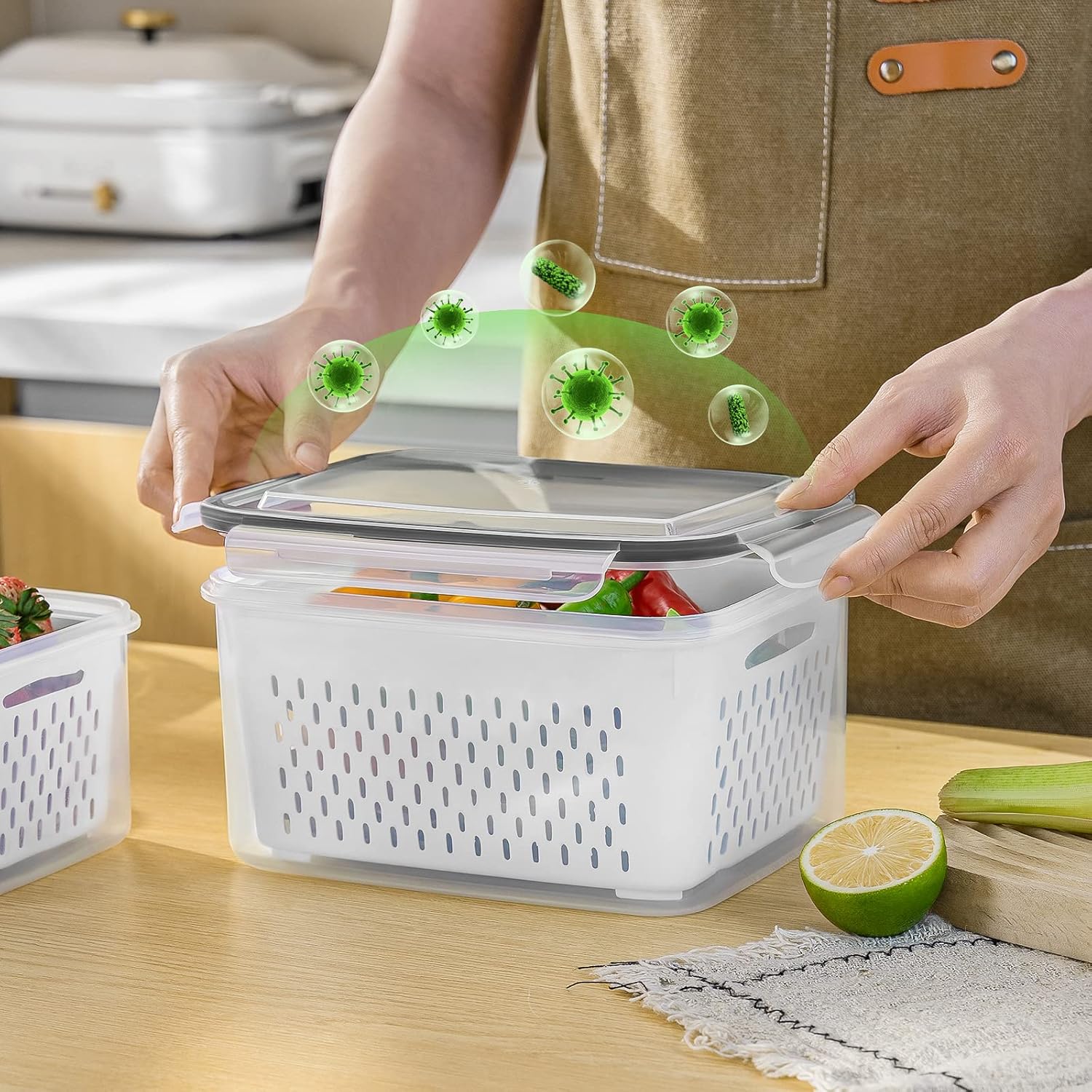 5-Piece Large Fruit Containers for Fridge with Removable Colander Leakproof Set FC0517 - Image 7