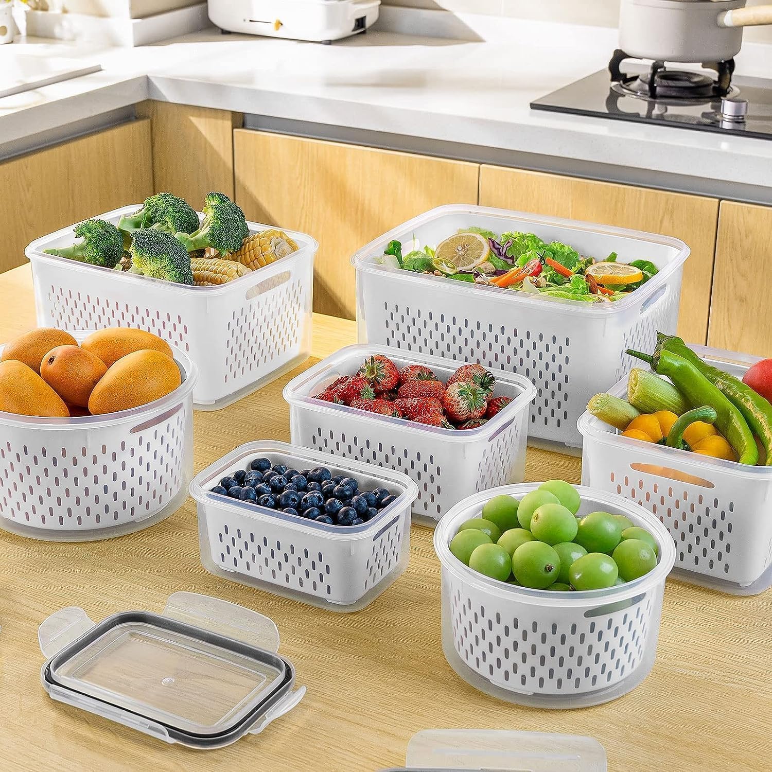 5-Piece Large Fruit Containers for Fridge with Removable Colander Leakproof Set FC0517 - Image 9