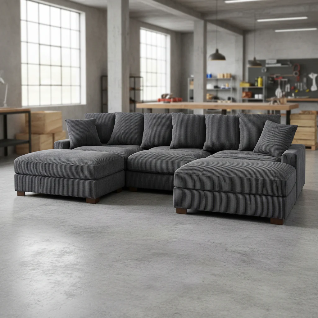 5-Piece Corduroy Sectional Sofa – U-Shaped Living Room Furniture Set | Dark Gray & Light Gray