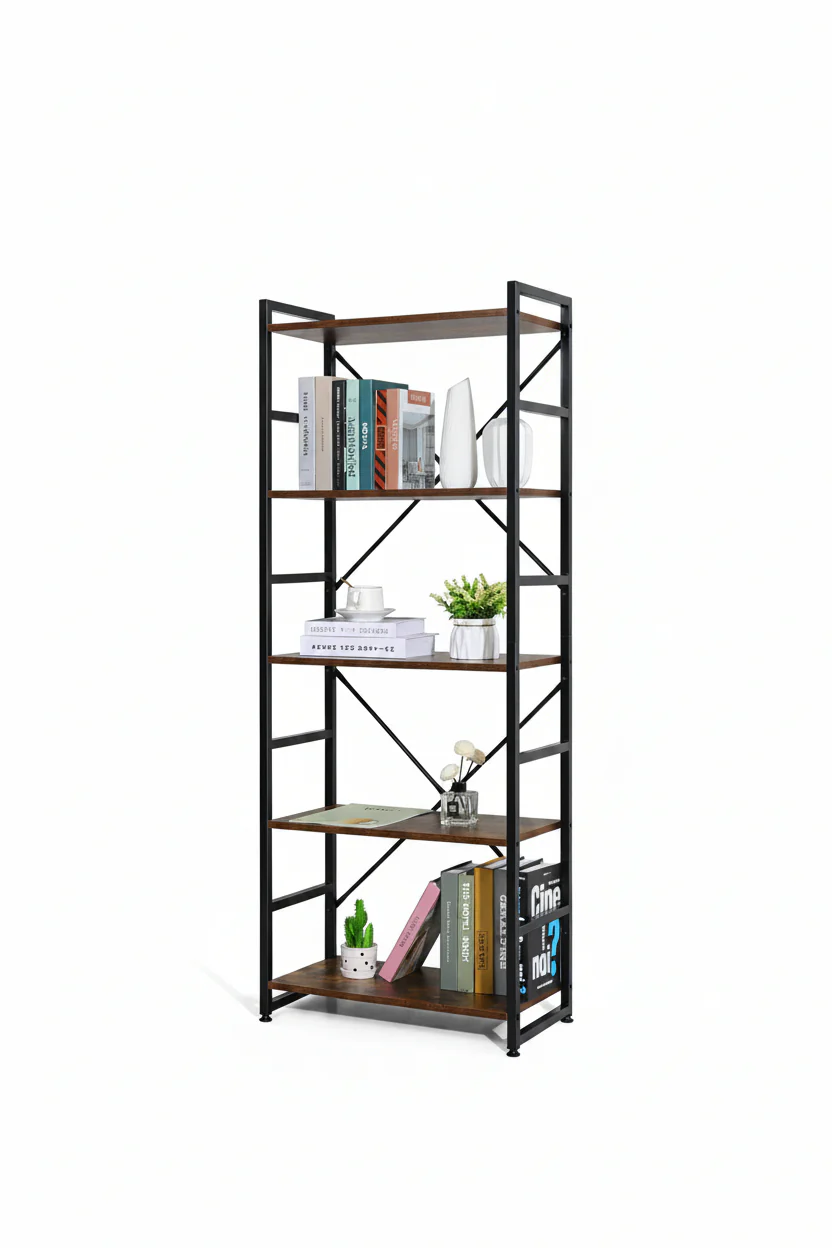 New 5-Tier Industrial Bookshelf – Rustic Wood & Metal Frame Tall Storage Bookcase – Model TLSF05