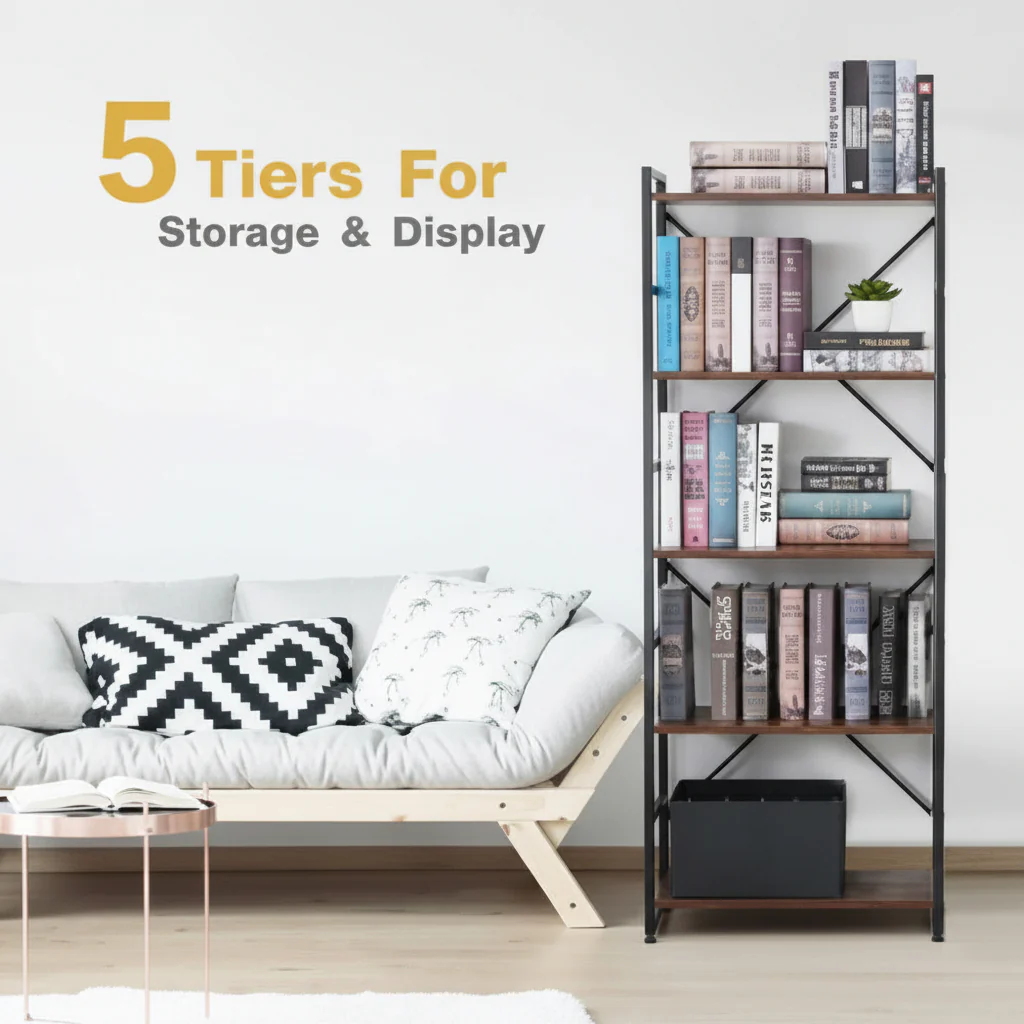 New 5-Tier Industrial Bookshelf – Rustic Wood & Metal Frame Tall Storage Bookcase – Model TLSF05 - Image 3