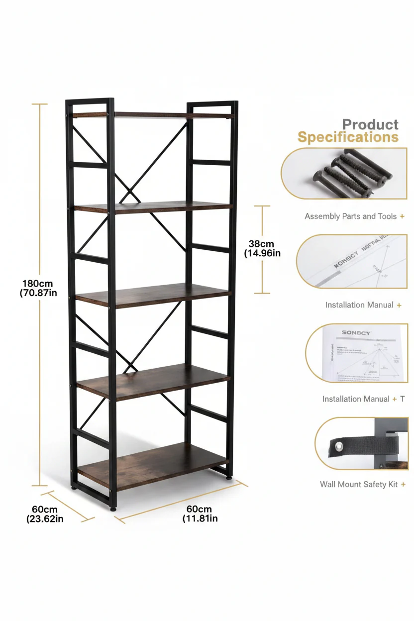 New 5-Tier Industrial Bookshelf – Rustic Wood & Metal Frame Tall Storage Bookcase – Model TLSF05 - Image 4