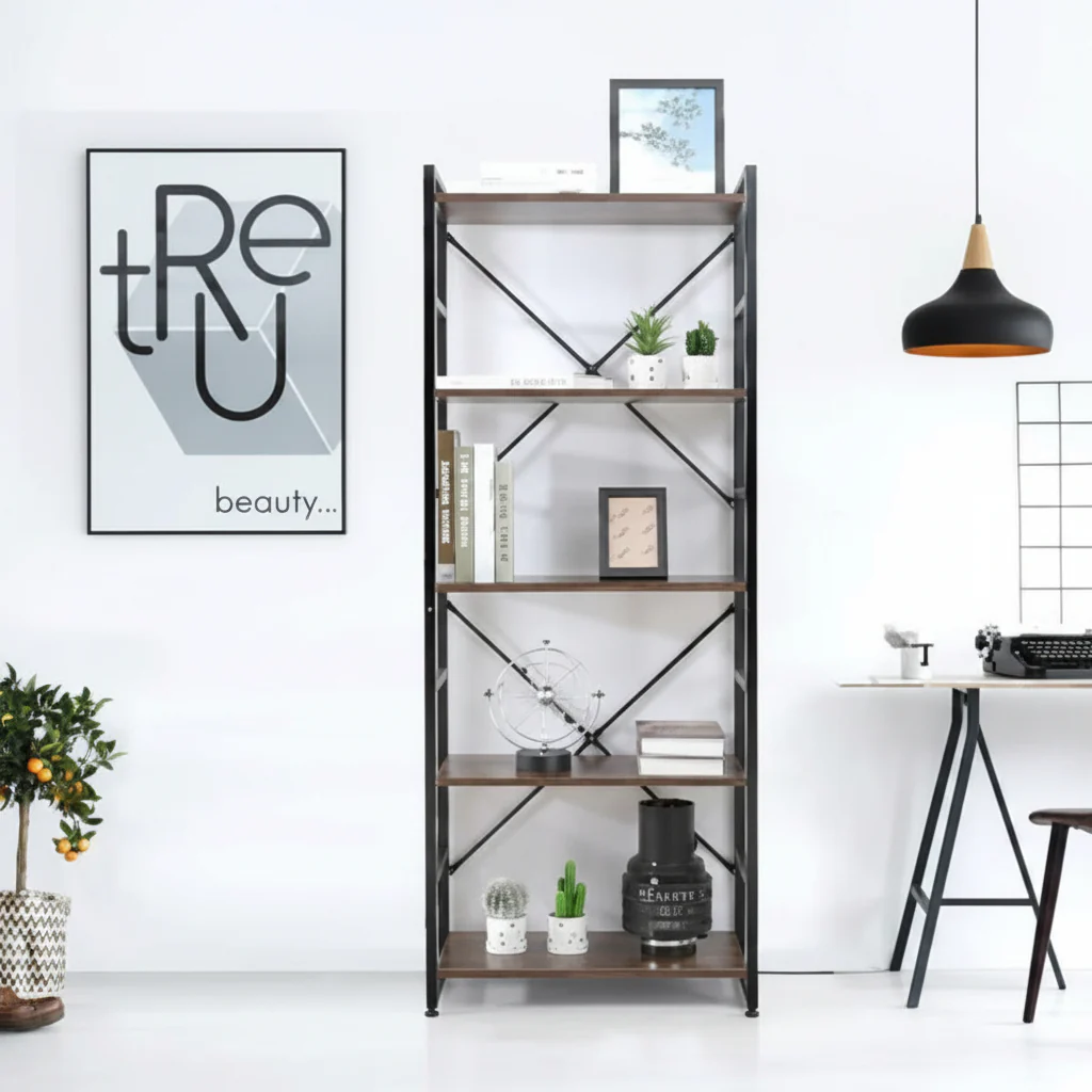 New 5-Tier Industrial Bookshelf – Rustic Wood & Metal Frame Tall Storage Bookcase – Model TLSF05 - Image 5