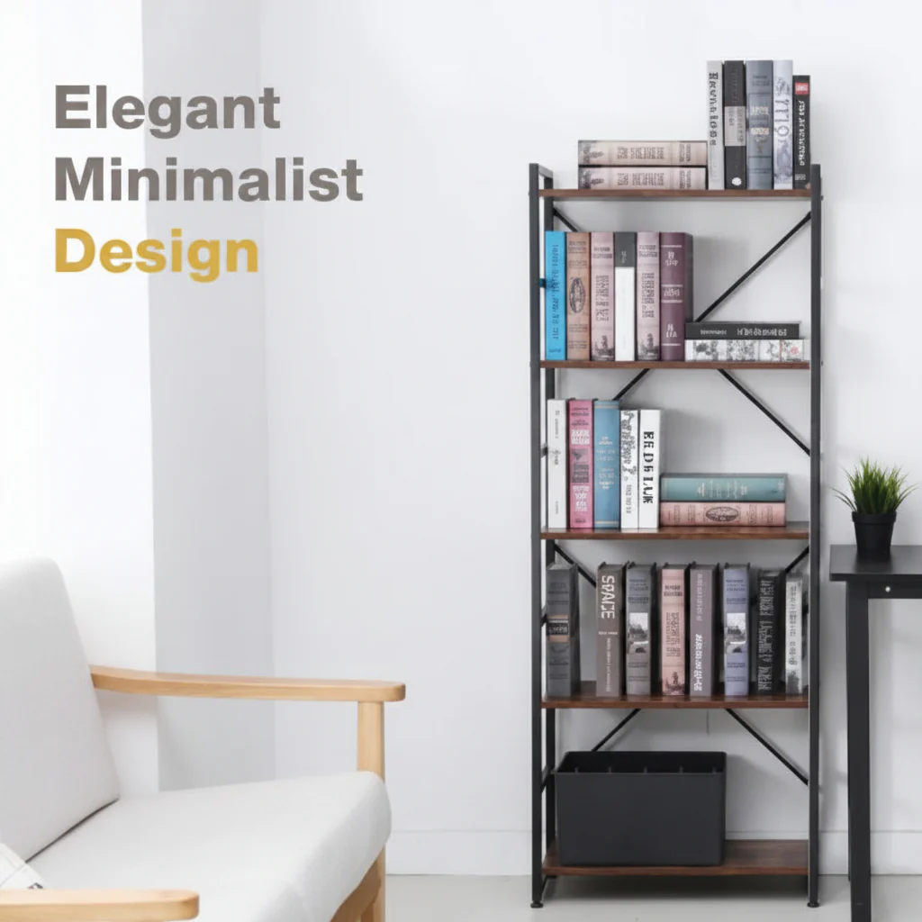 New 5-Tier Industrial Bookshelf – Rustic Wood & Metal Frame Tall Storage Bookcase – Model TLSF05 - Image 6