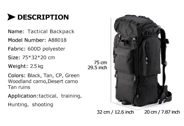 50–65L Large Tactical Backpack – Military Rucksack A88018 Series | MOLLE Outdoor & Survival Pack (Black A88018BLK / CP Camo A88018CP) - Image 3