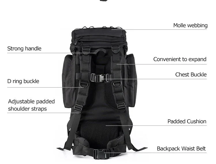 50–65L Large Tactical Backpack – Military Rucksack A88018 Series | MOLLE Outdoor & Survival Pack (Black A88018BLK / CP Camo A88018CP) - Image 5