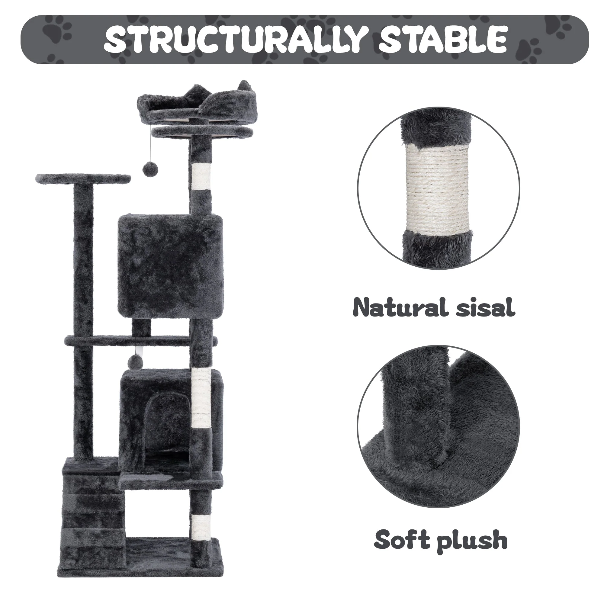 50" Multi-Level Cat Tree Tower Condo Scratching Post with Platforms & Hideaway Grey AMCT788 - Image 3
