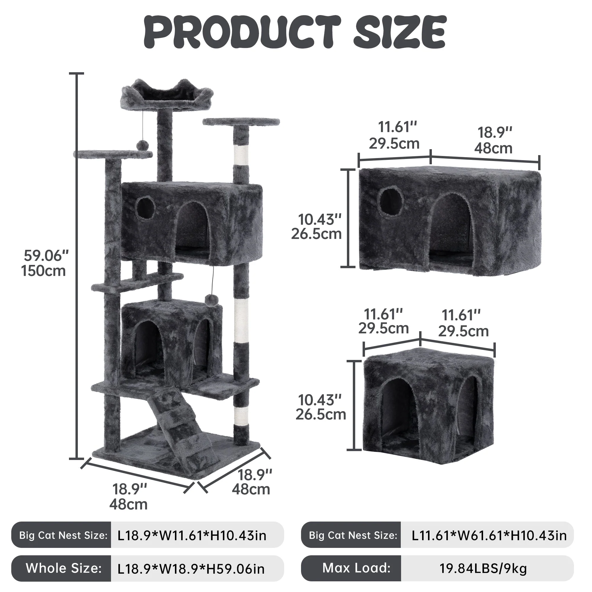 50" Multi-Level Cat Tree Tower Condo Scratching Post with Platforms & Hideaway Grey AMCT788 - Image 5