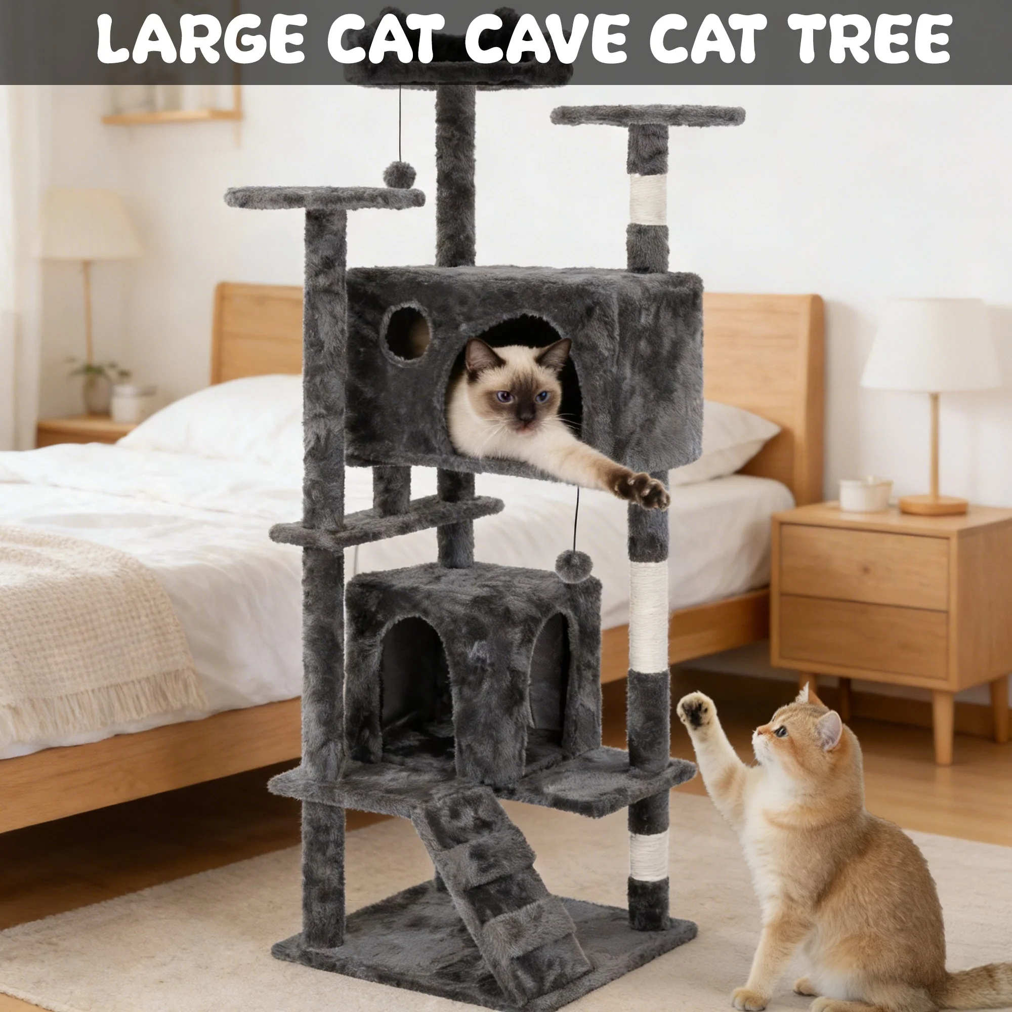 50" Multi-Level Cat Tree Tower Condo Scratching Post with Platforms & Hideaway Grey AMCT788 - Image 6
