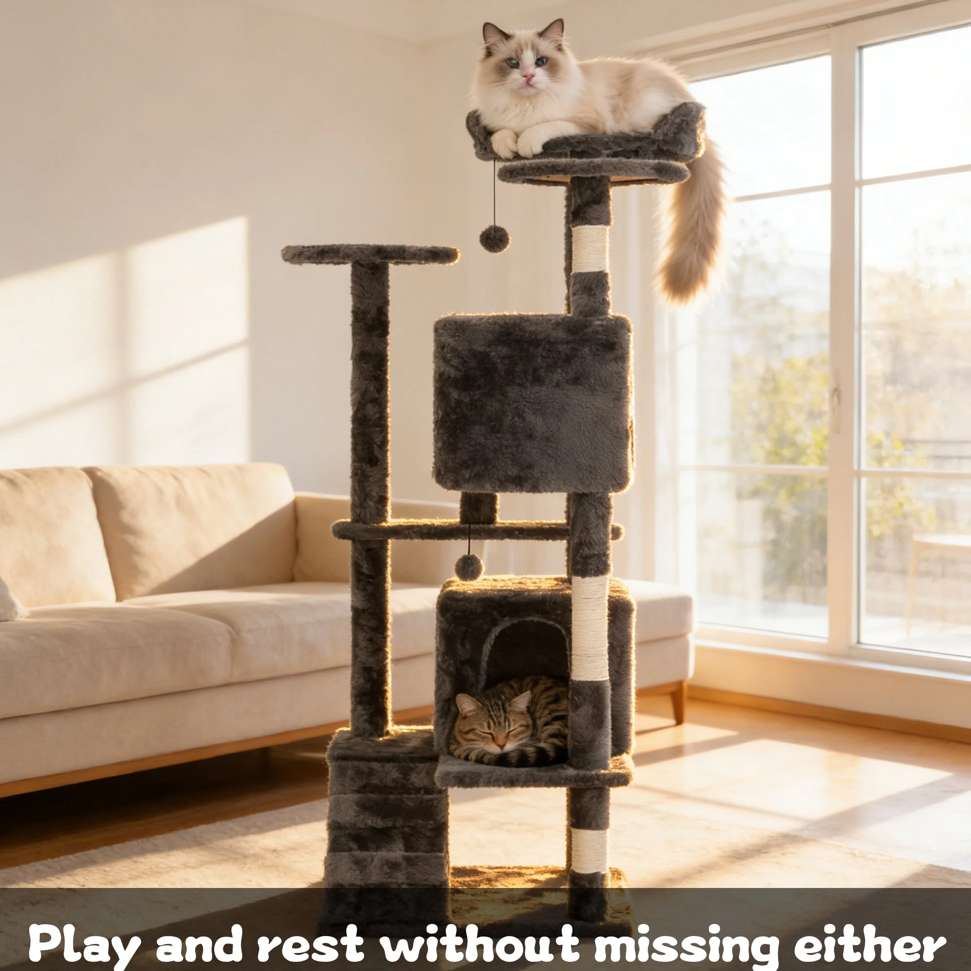 50" Multi-Level Cat Tree Tower Condo Scratching Post with Platforms & Hideaway Grey AMCT788 - Image 7