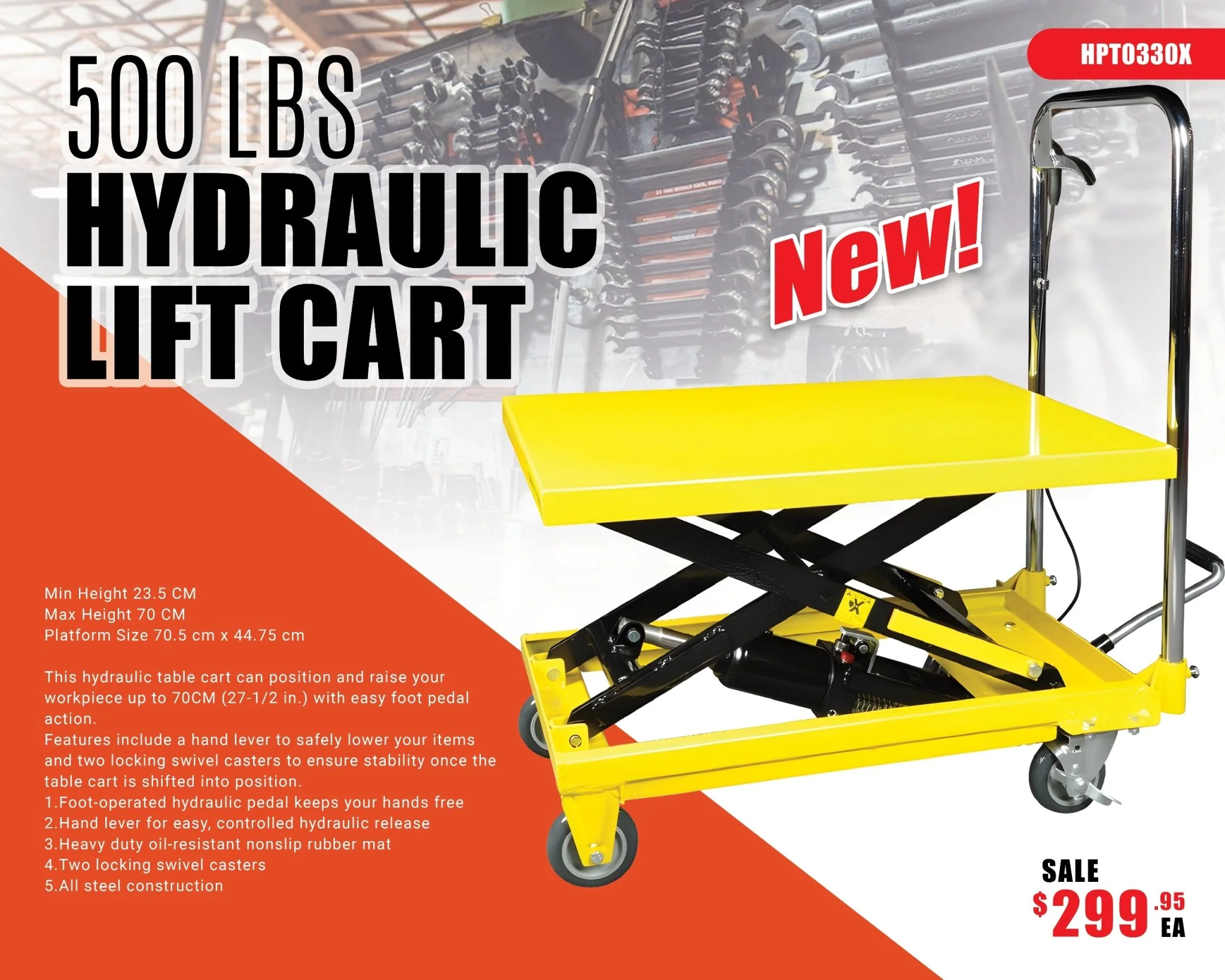 New 500 lbs Hydraulic Lift Cart – Adjustable Height Mobile Work Table with Foot Pedal HPT0330X - Image 2