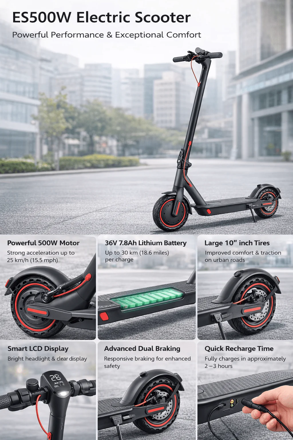 500W Electric Scooter 10 in Tires 36V 7.8Ah Battery 25 km/h Max Speed ES500W - Image 3