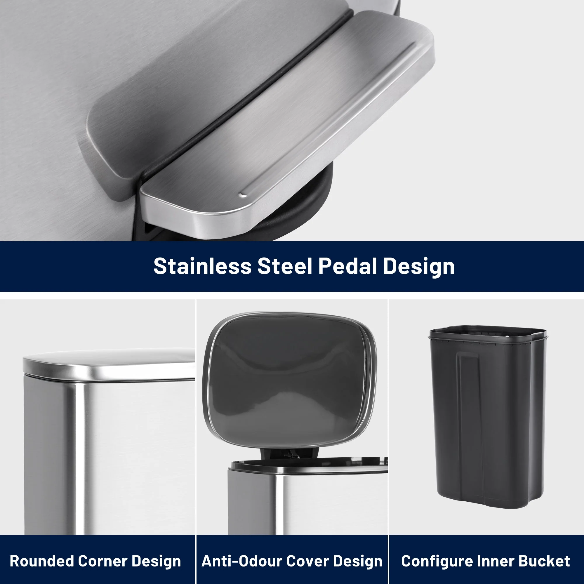 50L Stainless Steel Step Trash Can with Inner Bucket – Soft-Close, Fingerprint-Resistant Kitchen Bin AMTC550B - Image 2