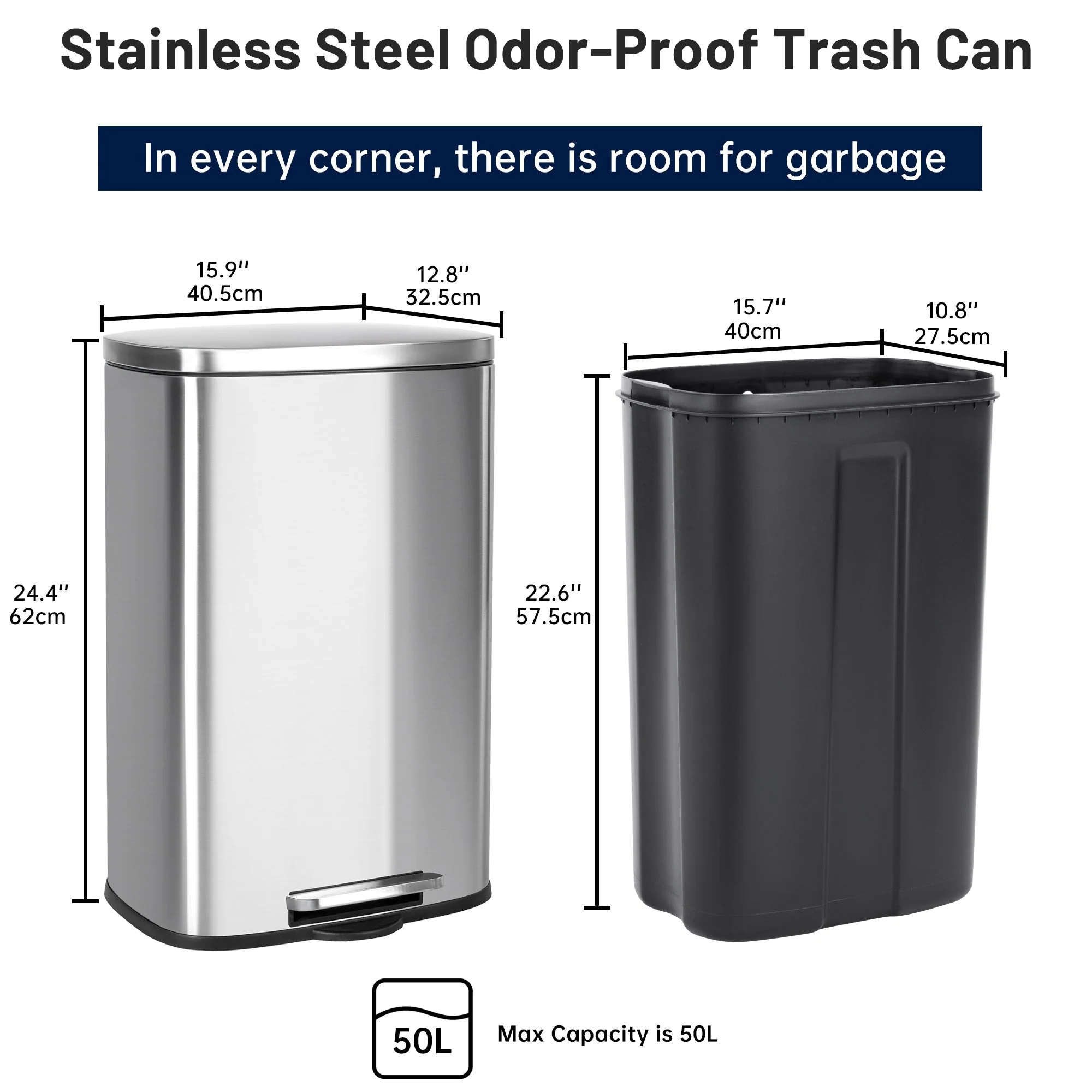 50L Stainless Steel Step Trash Can with Inner Bucket – Soft-Close, Fingerprint-Resistant Kitchen Bin AMTC550B - Image 5