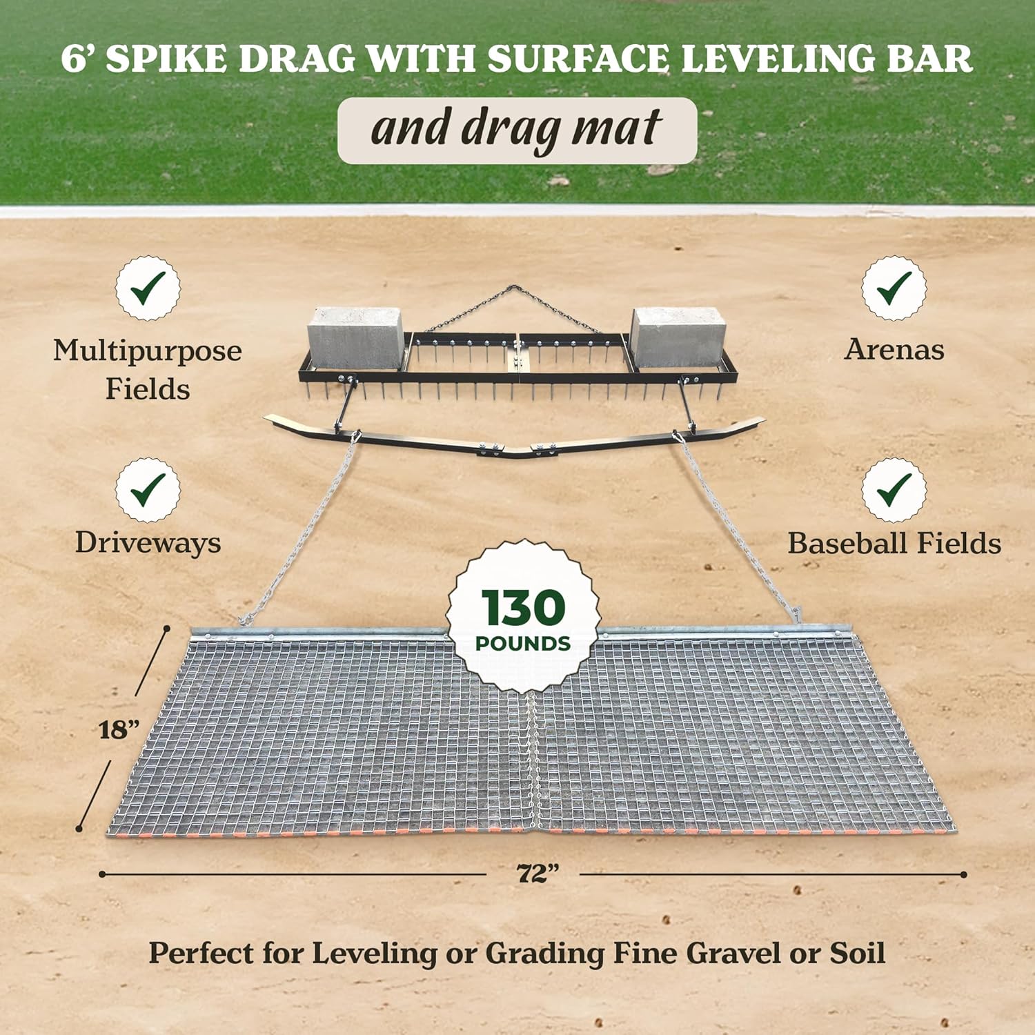 6 Ft Spike Drag Mat with Leveling Bar – Heavy-Duty Steel Mesh Arena & Driveway Drag for ATV, UTV, Tractor – Rust-Resistant Field Drag, 72"x18" - Image 5