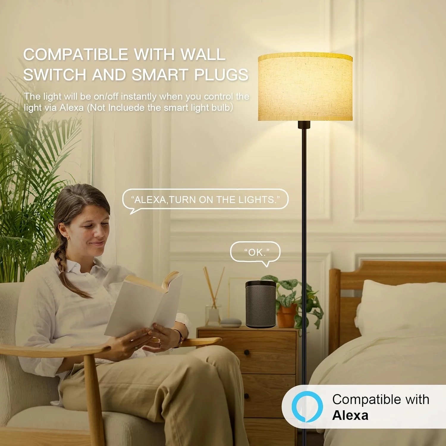 60” LED Floor Lamp – Modern Standing Lamp with Beige Shade for Living Room & Bedroom (12W, 2700K Warm White) 3388411 - Image 5