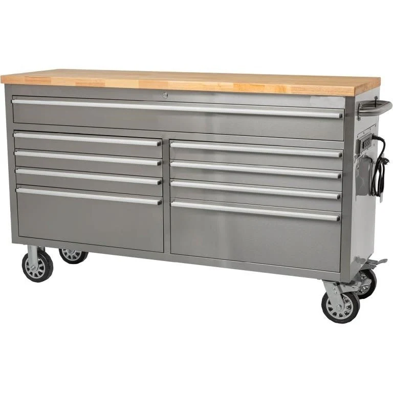 61-Inch Stainless Steel 9-Drawer Tool Chest with Power Strip HTC6109W