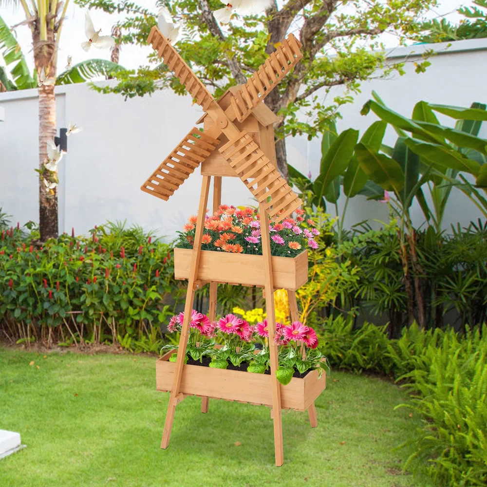 63" Wooden Garden Windmill with Planter Box – Pinewood Outdoor Yard & Garden Décor - Image 2