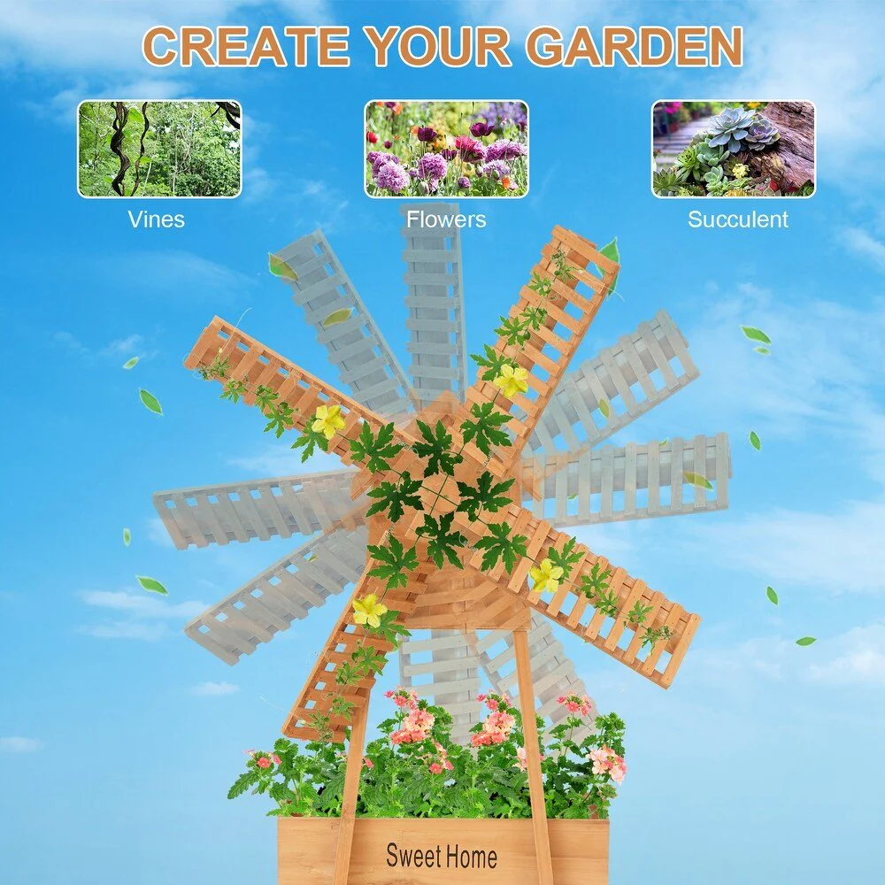 63" Wooden Garden Windmill with Planter Box – Pinewood Outdoor Yard & Garden Décor - Image 3
