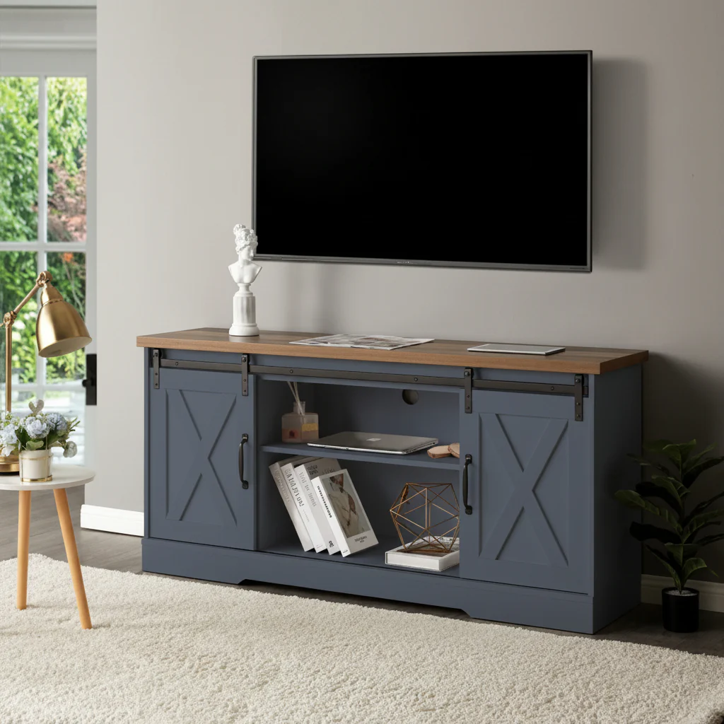 65" Rustic Sliding Barn Door TV Stand & Storage Cabinet – Farmhouse Style Media Console - Image 4