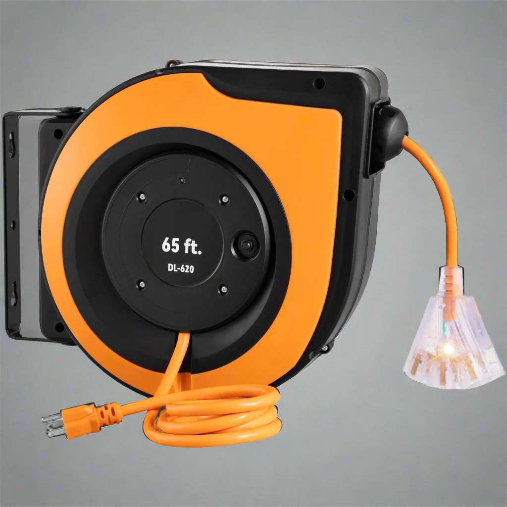 65FT Retractable Extension Cord Reel – 12AWG Heavy Duty Power Cable with Triple Outlet & LED Light 127340