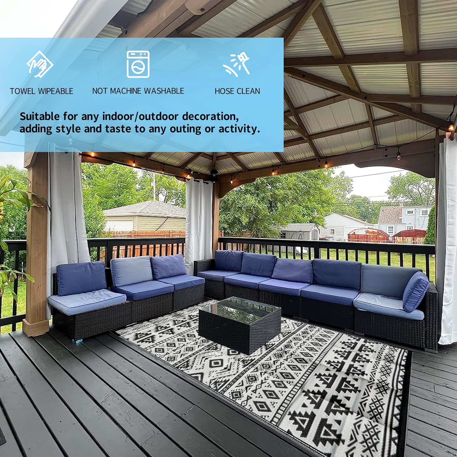 6ft x 9ft Reversible Outdoor RV Camping Mat – Waterproof Plastic Straw Rug with Stakes & Carry Bag - Image 4