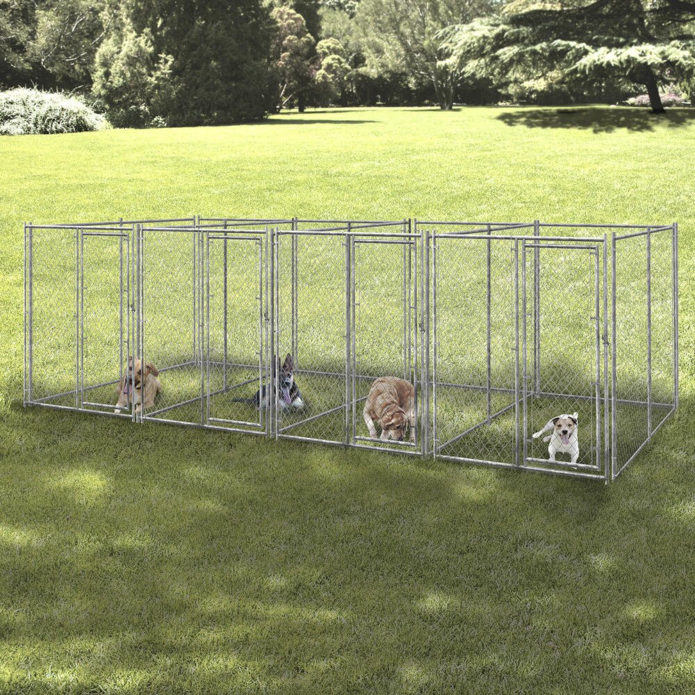 72″ × 10′ × 20′ Galvanized Chain Link Multi-Run Dog Kennel Kit with Divider Panels & Gates – 4-Run System 1711614