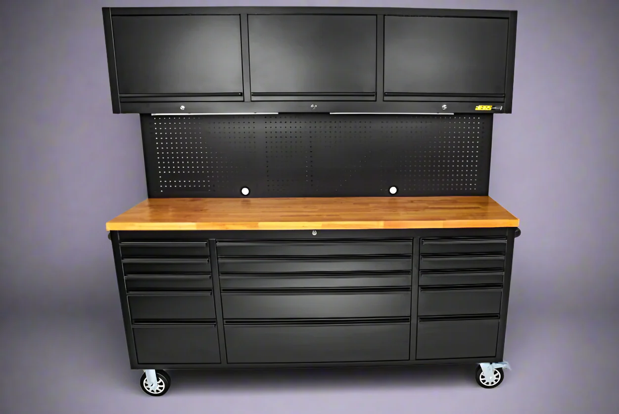 72" 18-Drawer Rolling Tool Chest Workbench – Heavy-Duty Black Steel with Wood Top | Model HTC7218PC