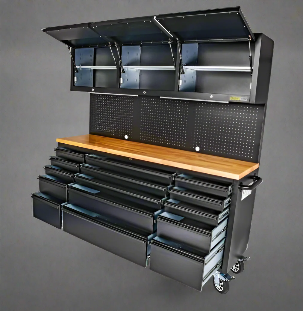 72" 18-Drawer Rolling Tool Chest Workbench – Heavy-Duty Black Steel with Wood Top | Model HTC7218PC - Image 2